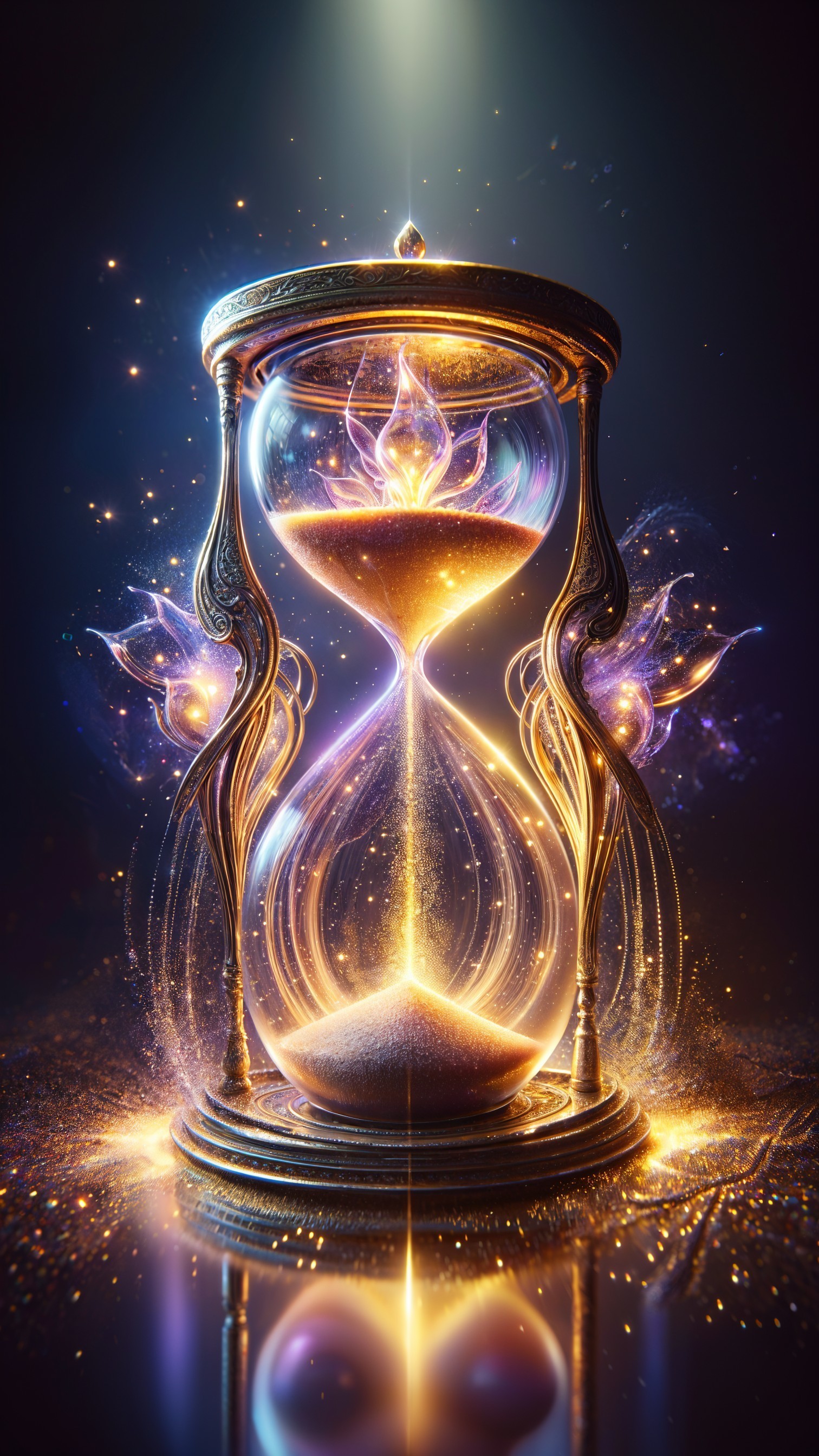 Ornate Hourglass with Lotus Flowers and Shimmering Sand