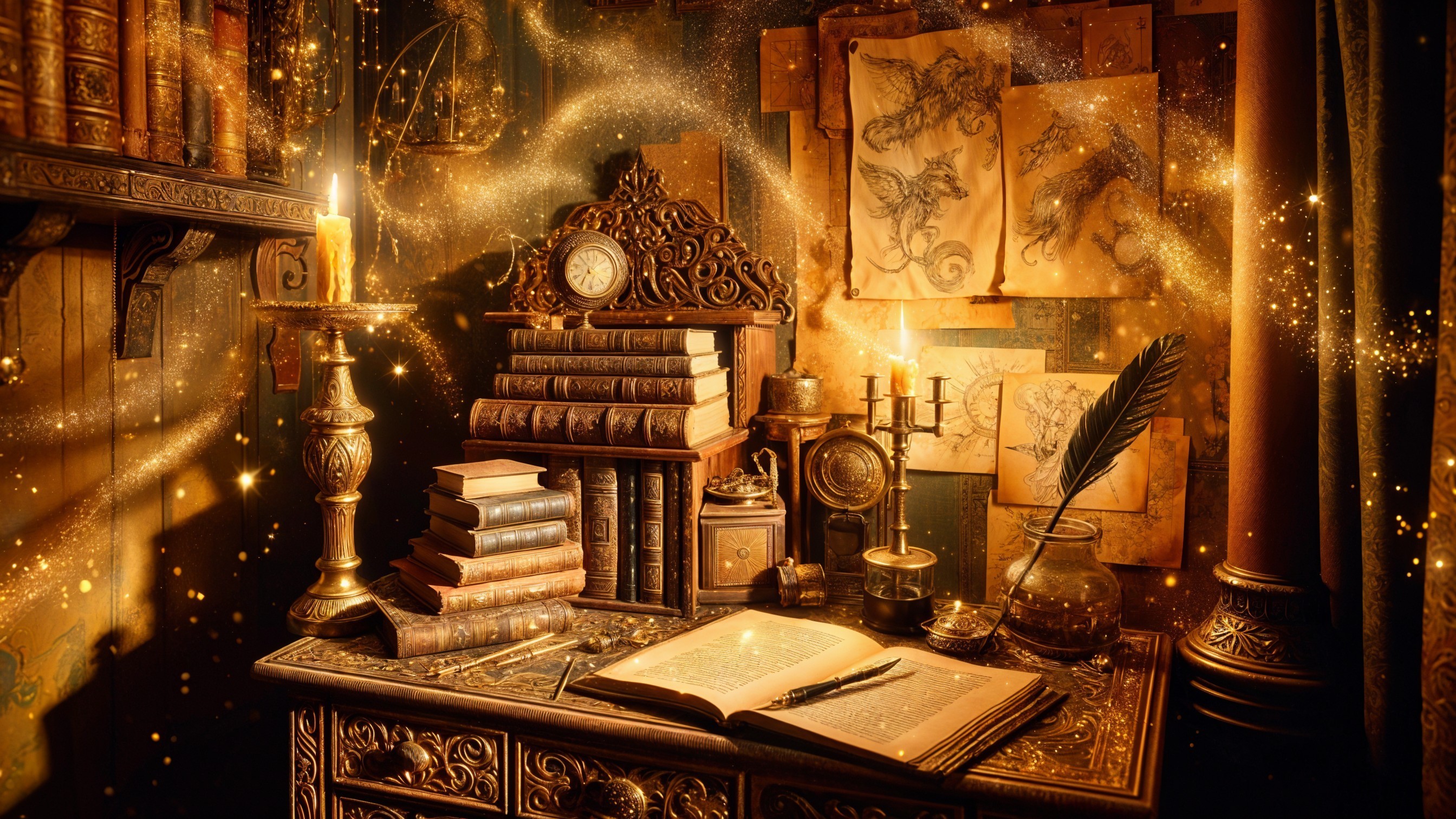 Close-Up of Ornate Wizard's Desk in Dark Room