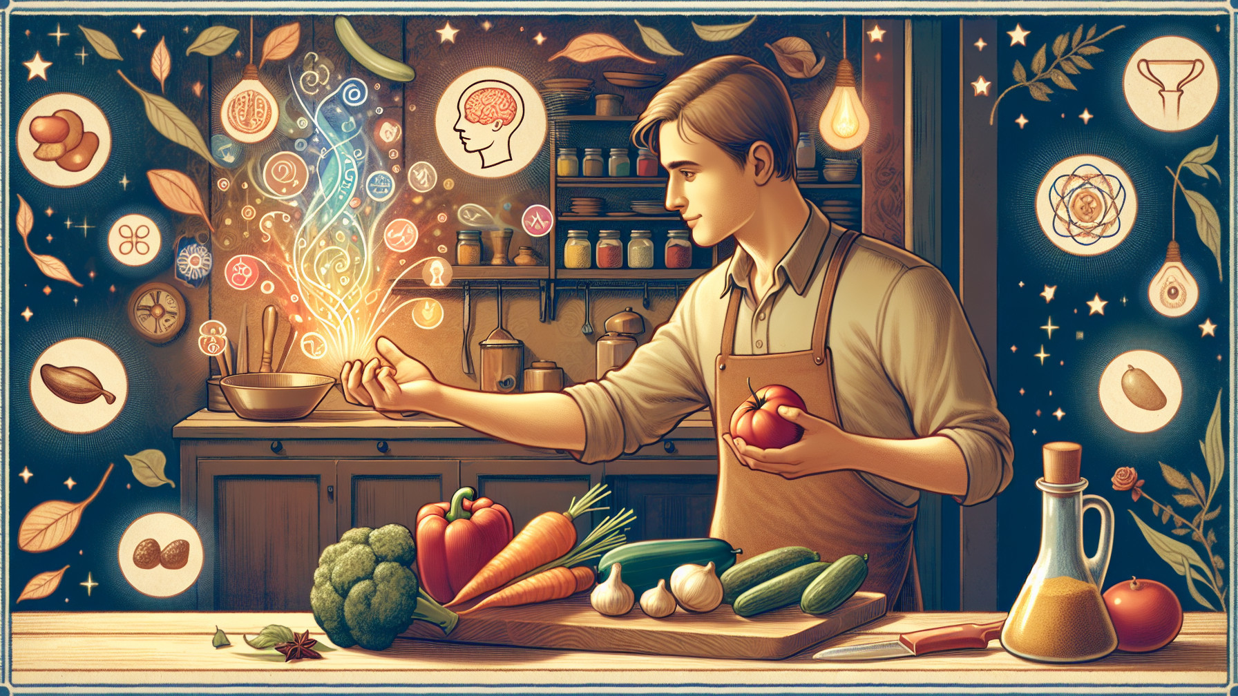 Cozy Kitchen Scene with Fresh Vegetables and Symbols