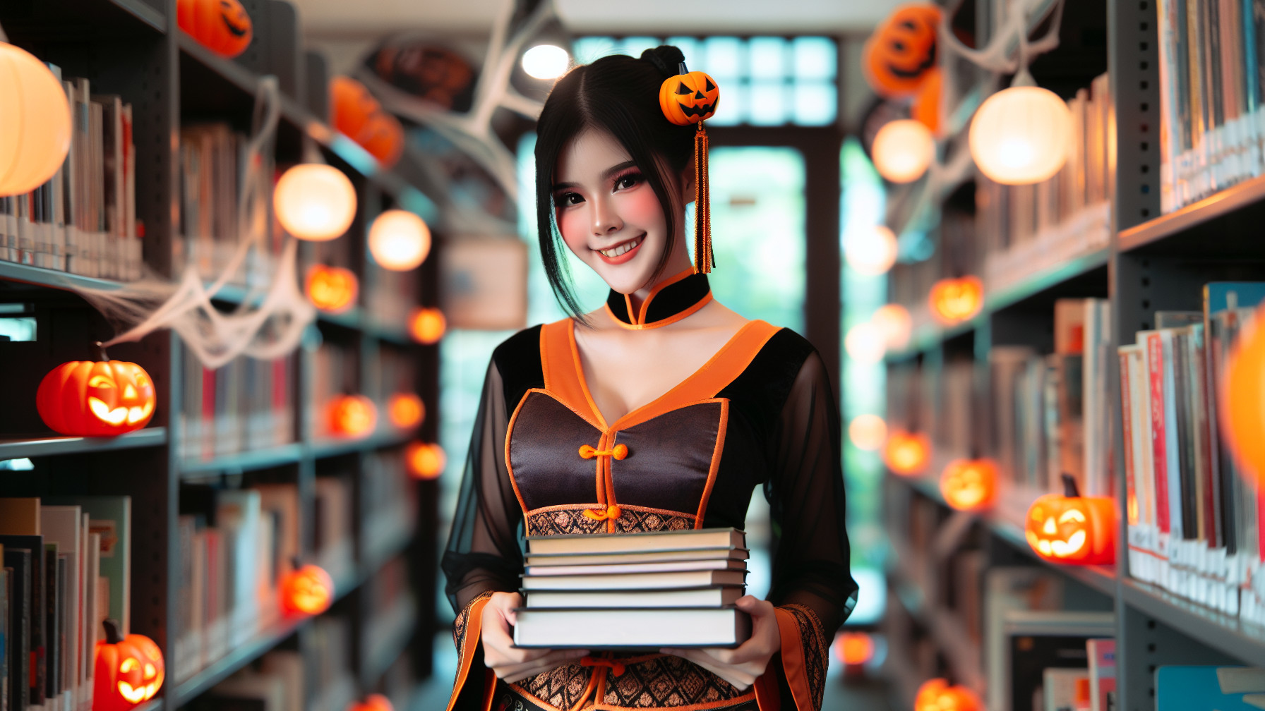 Halloween Outfit in Library with Pumpkin Decor