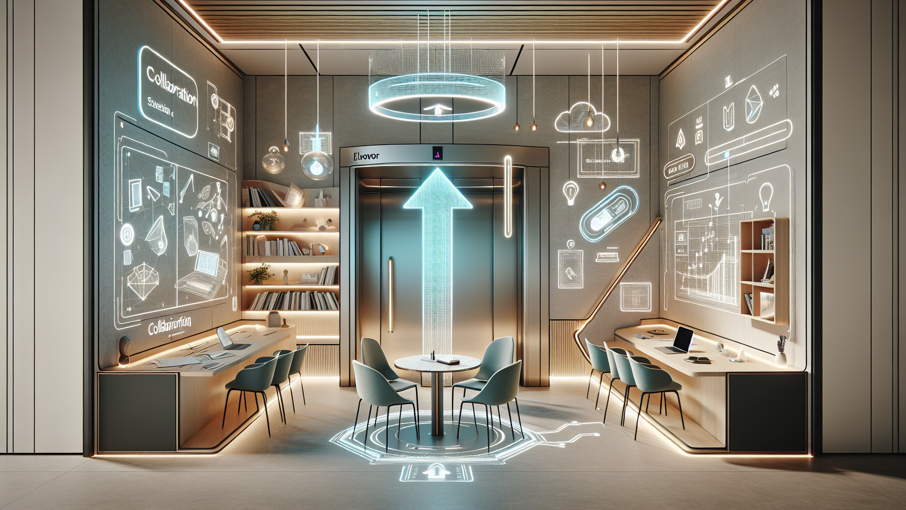 Modern Office Space with High-Tech Elevator and Displays