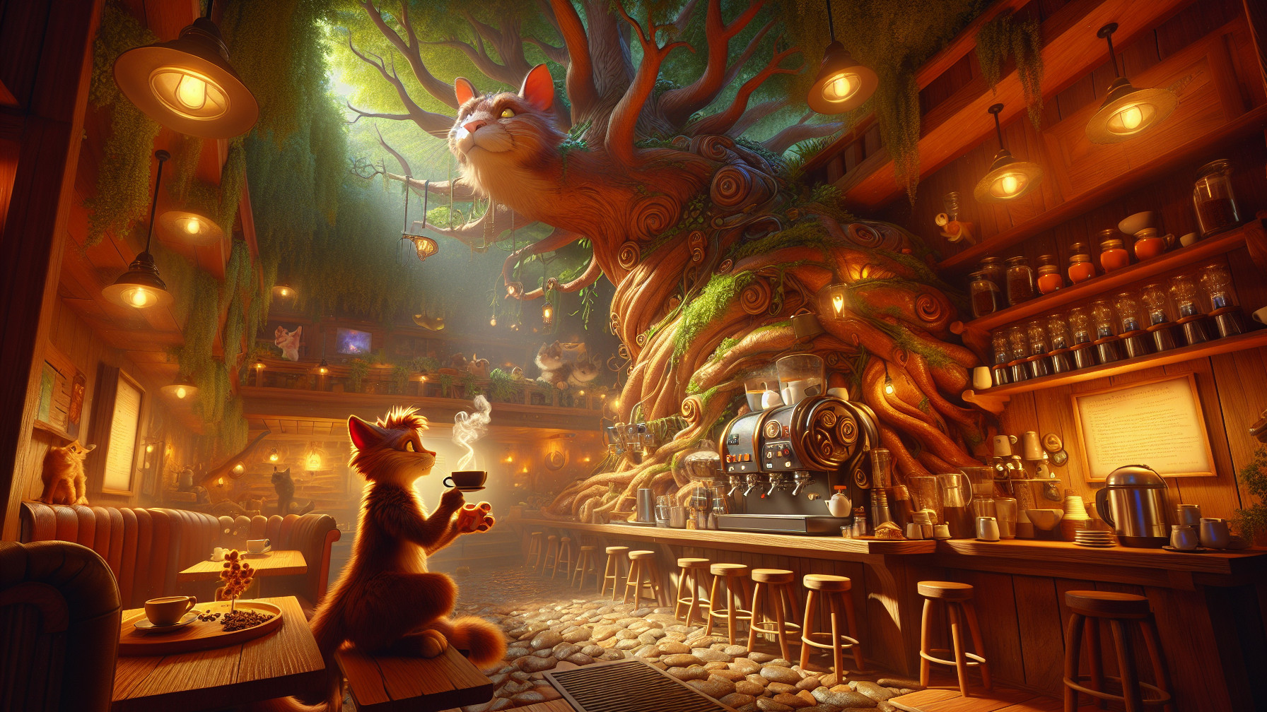 Whimsical Café with Twisted Tree and Fox Character