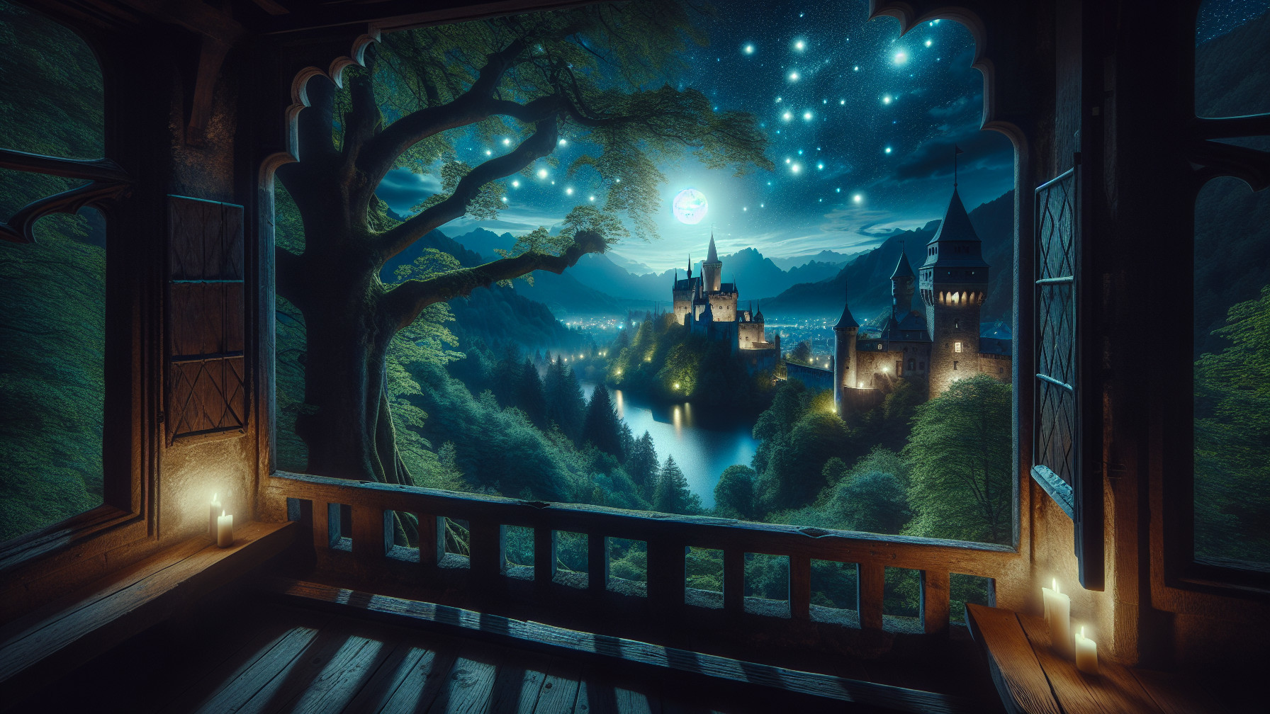 Mystical Landscape View from a Wooden Window Frame