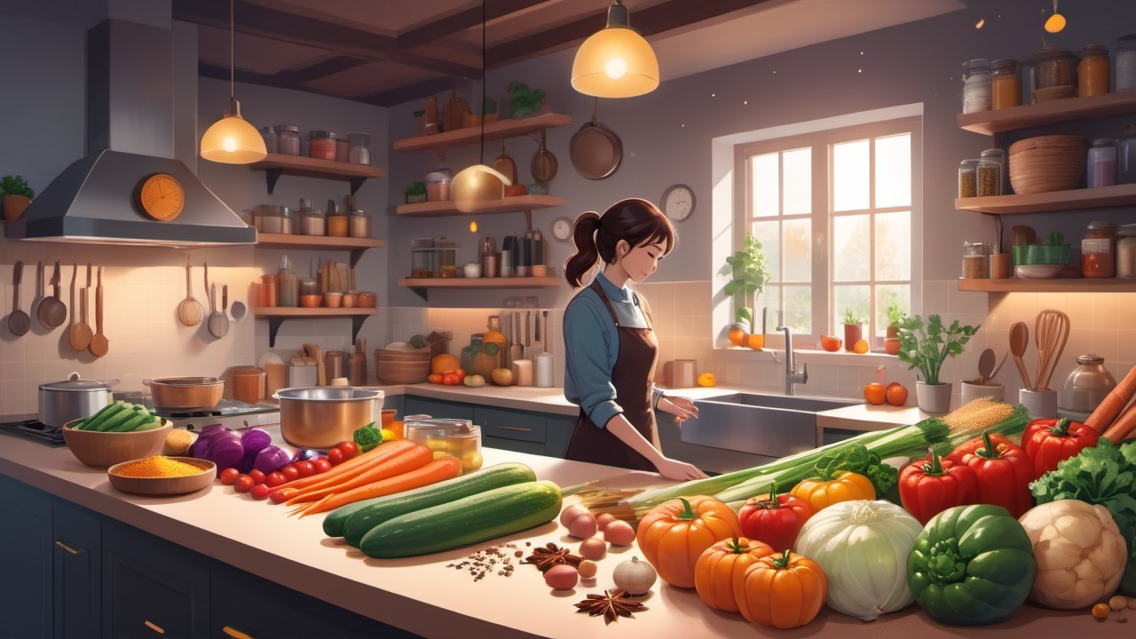 Bright Kitchen with Fresh Vegetables and Herbs