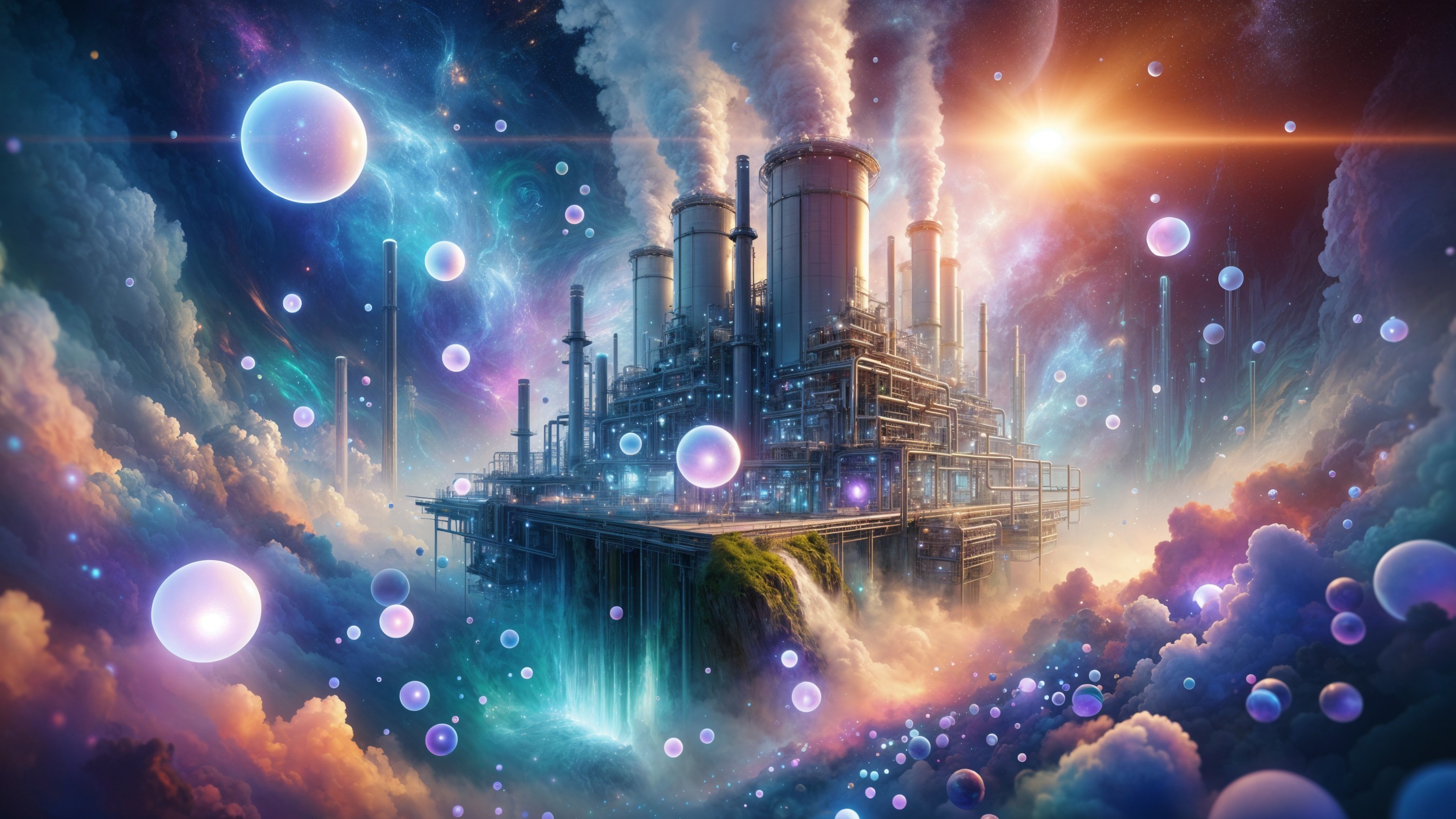 Futuristic Factory Amidst Colorful Cosmic Clouds
