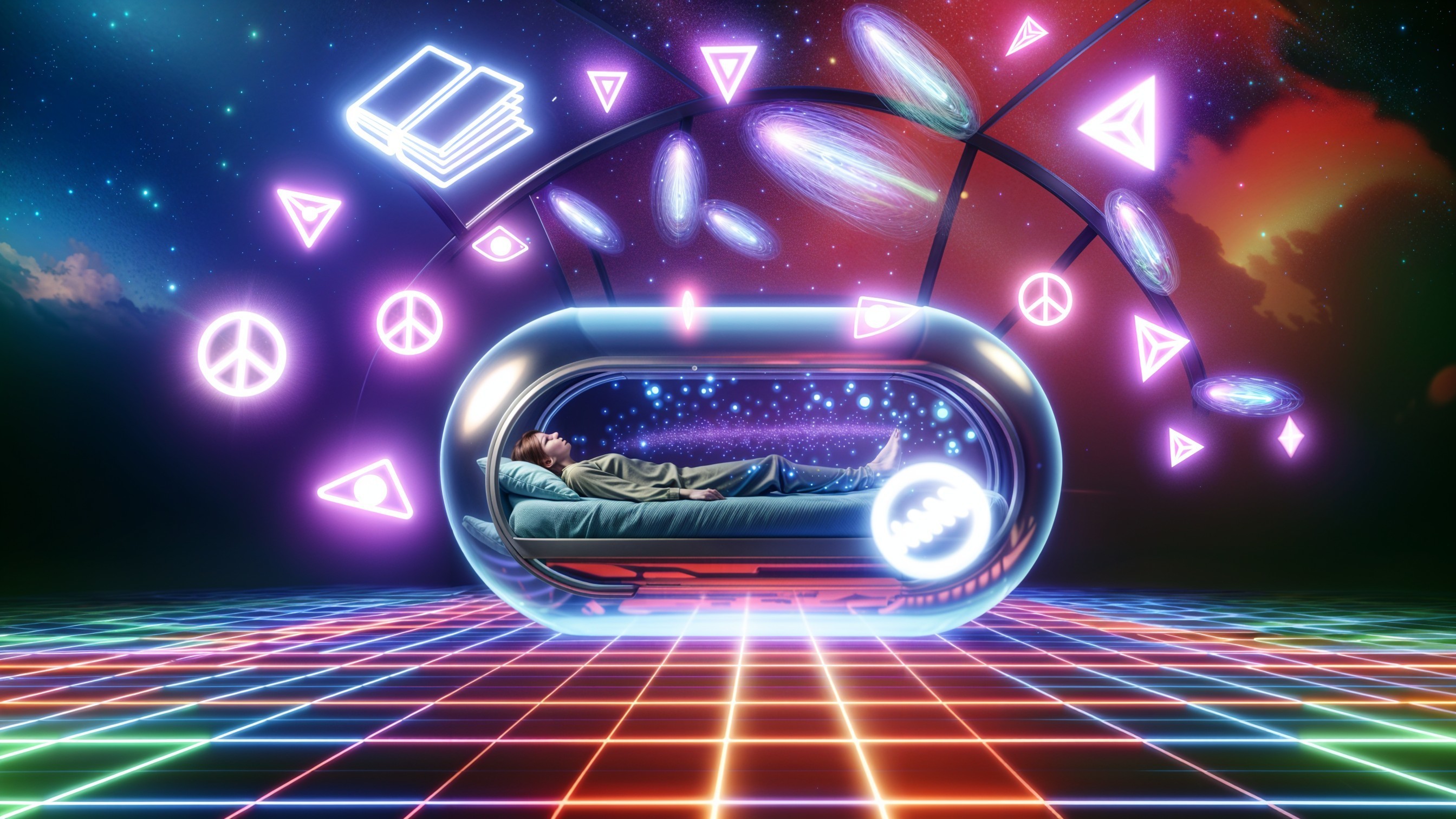Futuristic Scene with Floating Bed and Glowing Symbols