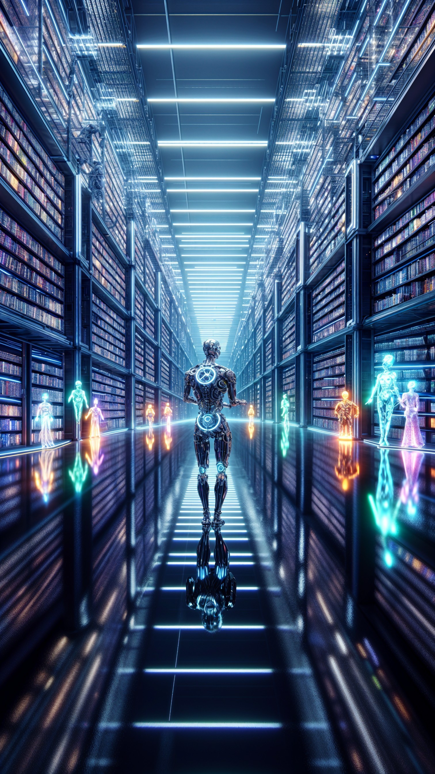 Futuristic library with glowing books and neon lights