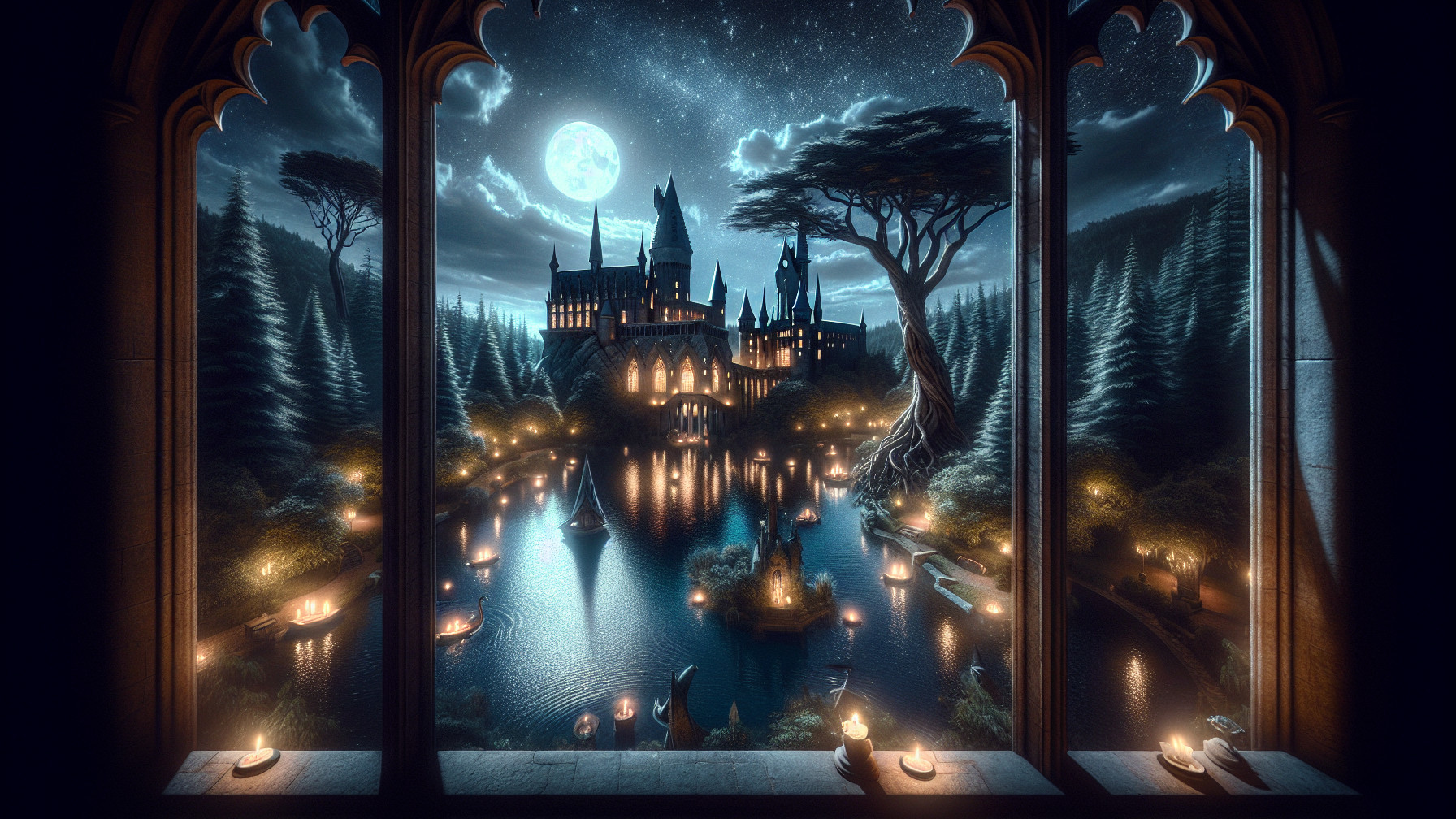 Majestic castle under moonlight with enchanted forest