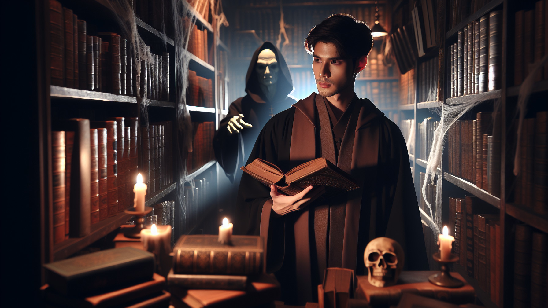 Mysterious Library Scene with Cloaked Figures and Shadows