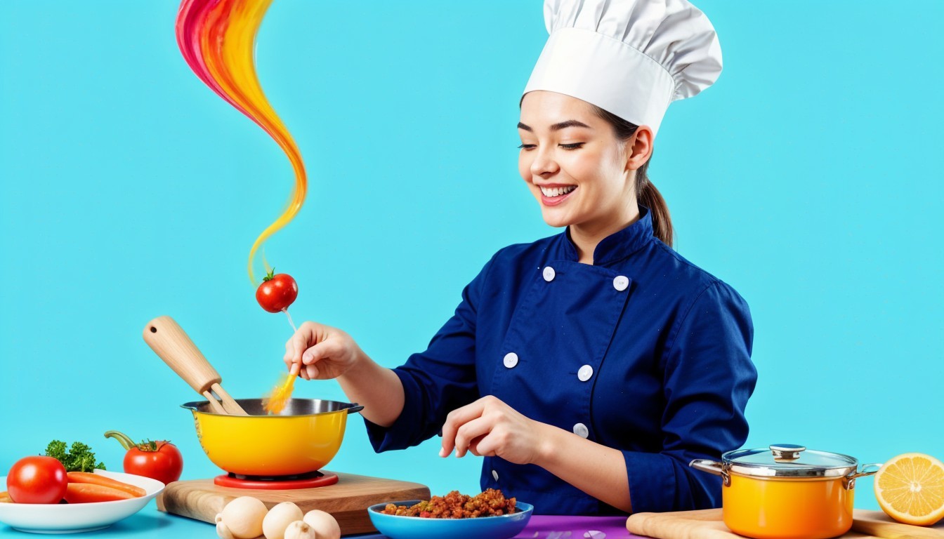 Smiling Female Chef Cooking with Colorful Ingredients