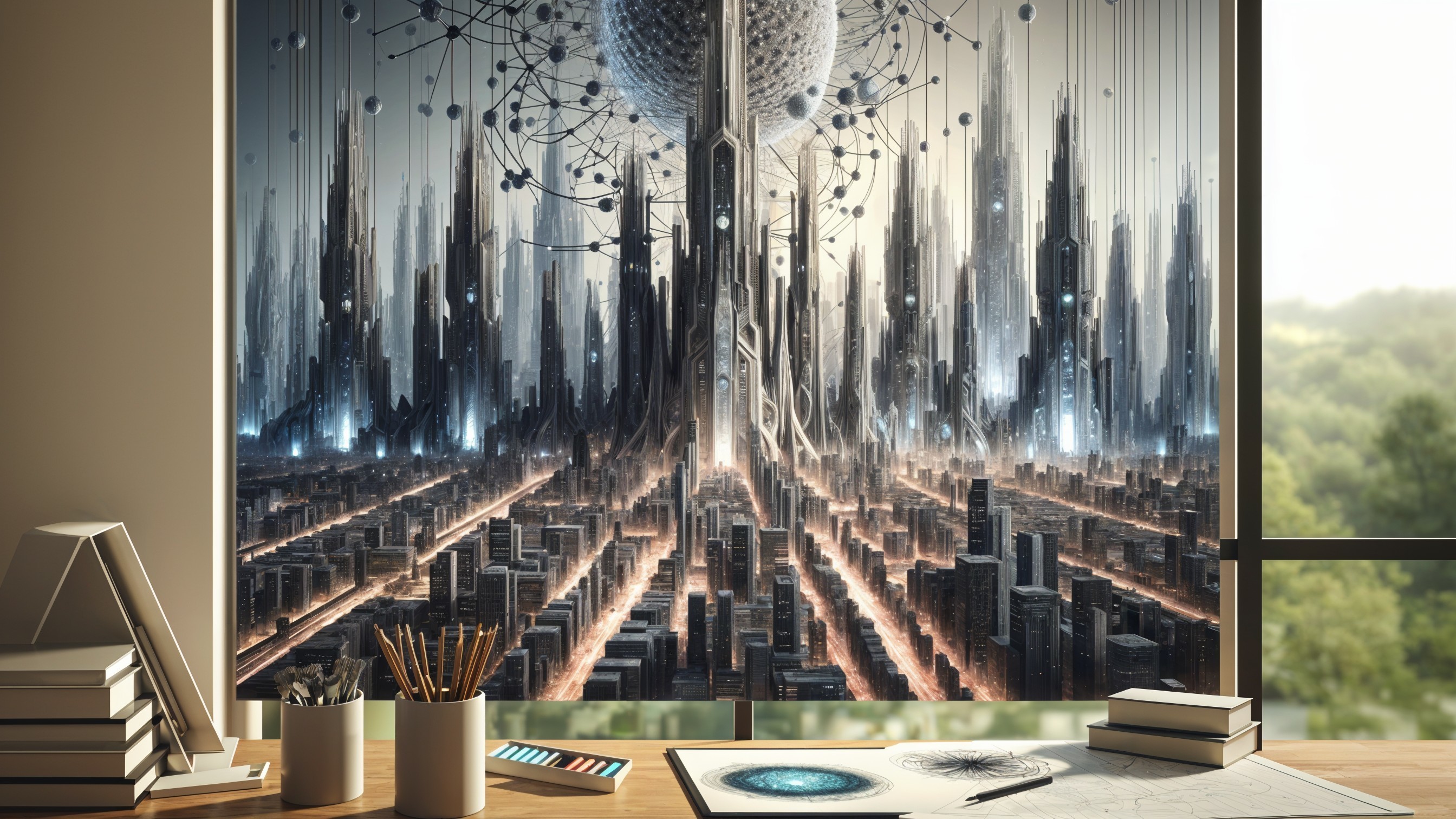 Futuristic Cityscape with Skyscrapers and Technology