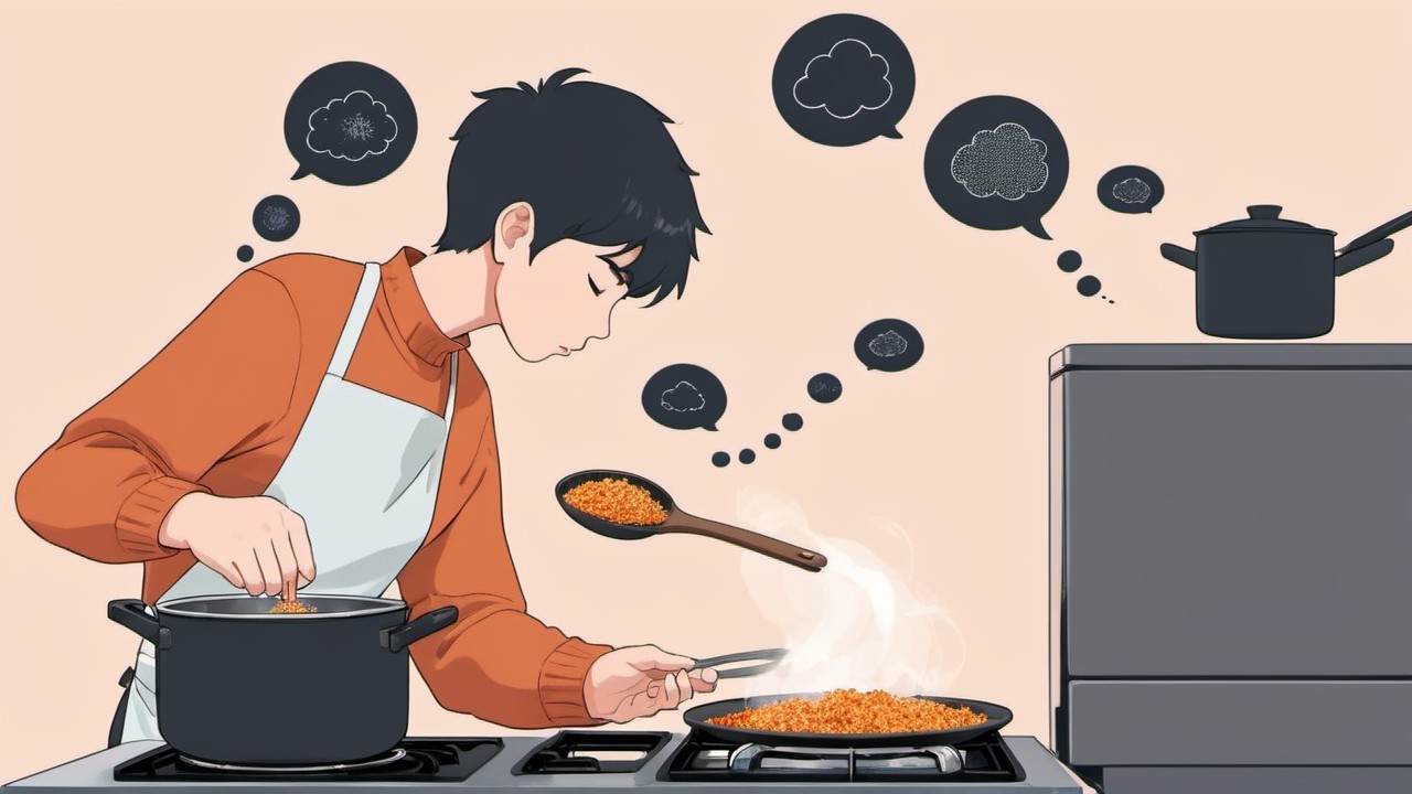 Young Cook in Orange Sweater Prepares Food at Stove
