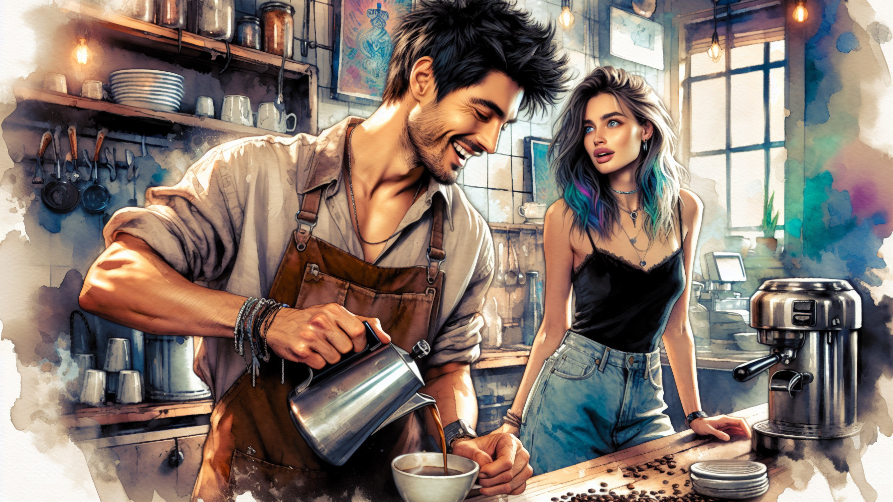 Barista Pours Coffee in Cozy Café with Sunlight Glow