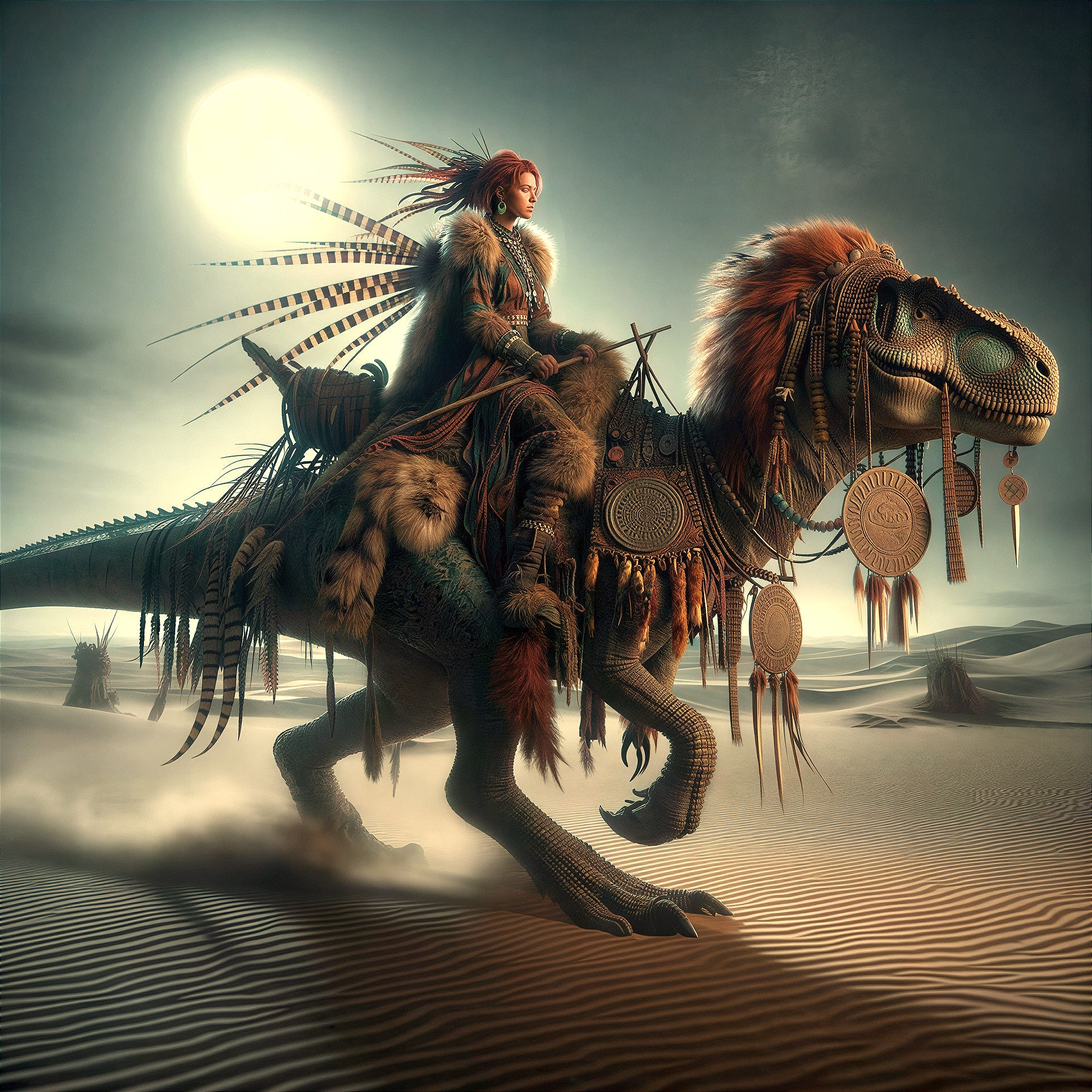 Red-haired woman in tribal outfit riding a dinosaur