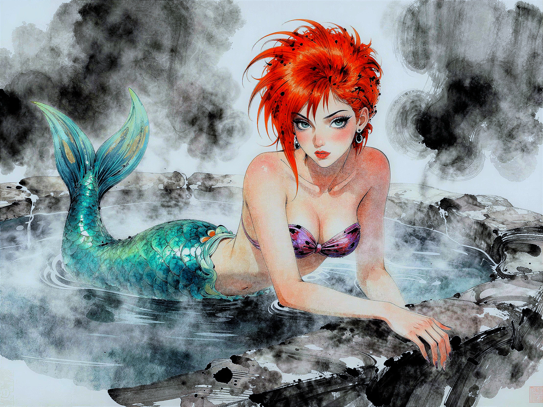 Modern Anime Mermaid in Hot Spring Illustration