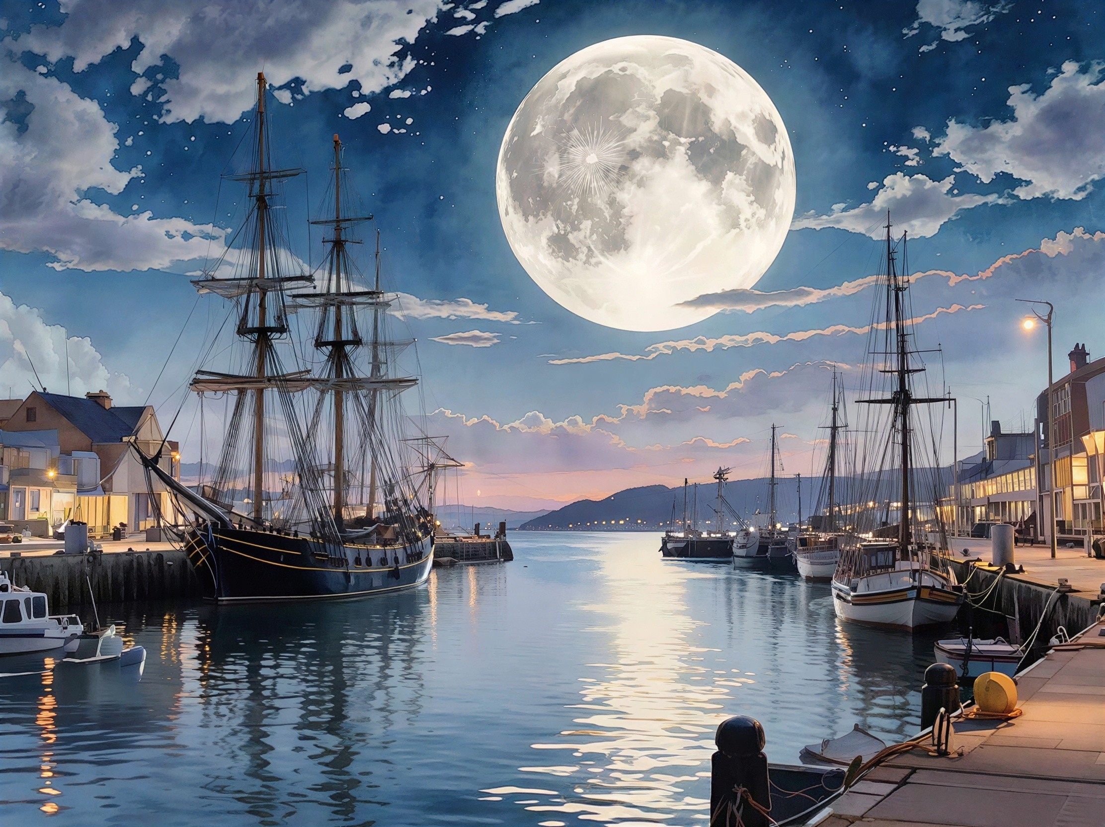 Illuminated Night Harbor Scene with Tall Ship and Boats