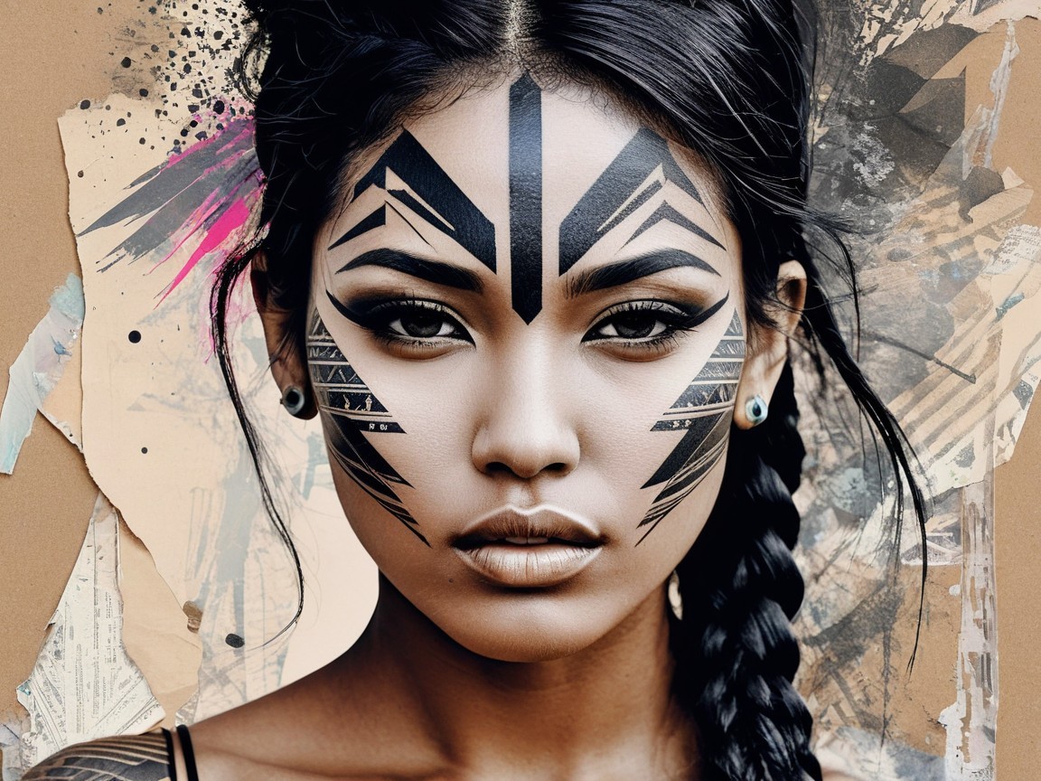 Digital Illustration of Woman with Tribal Face Tattoos