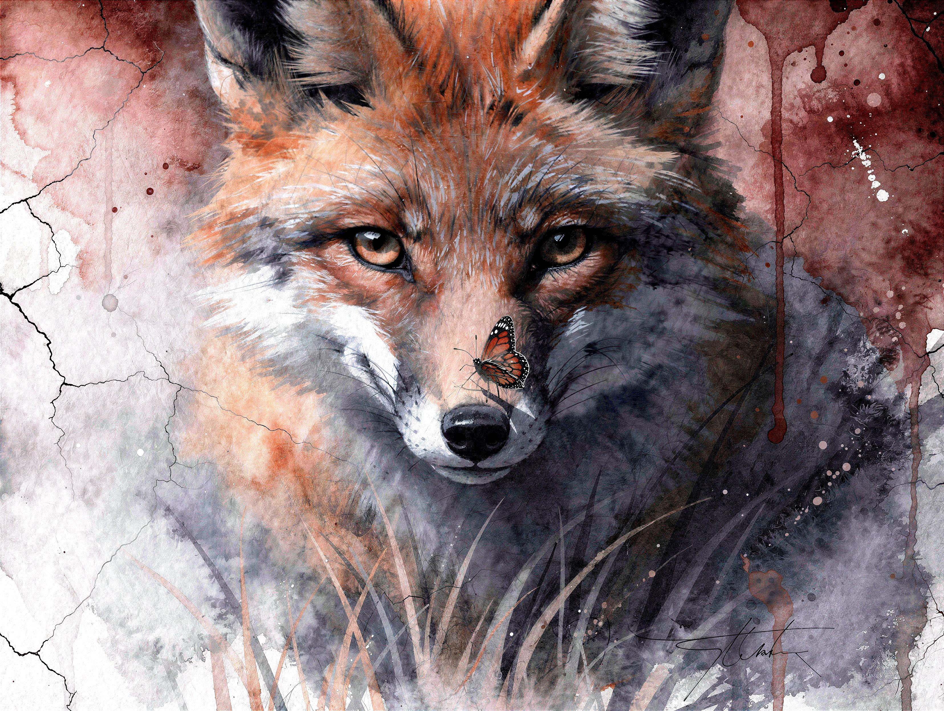 Watercolor painting of a red fox with a butterfly