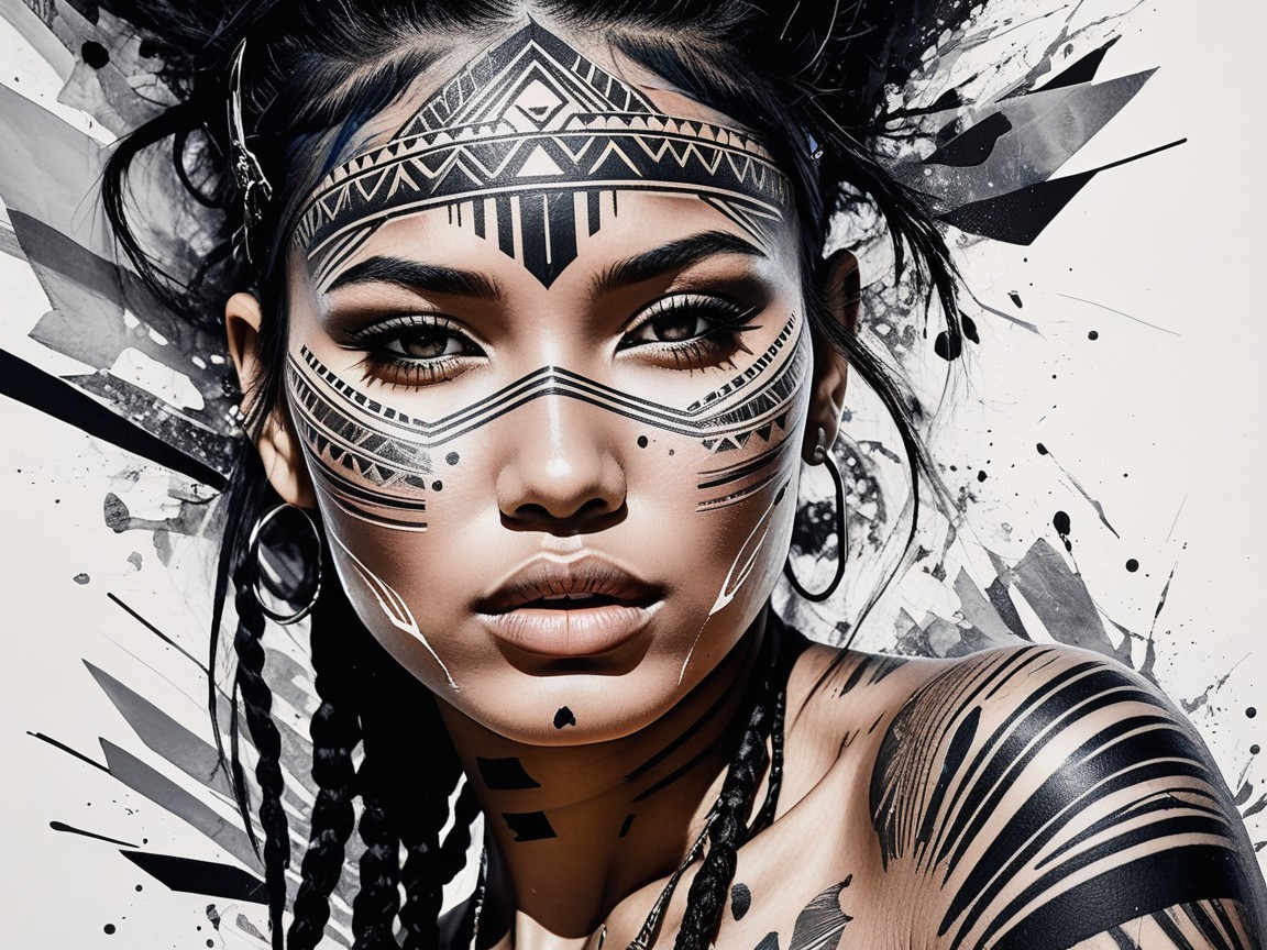 Digitally Painted Portrait of a Woman with Tribal Face Art