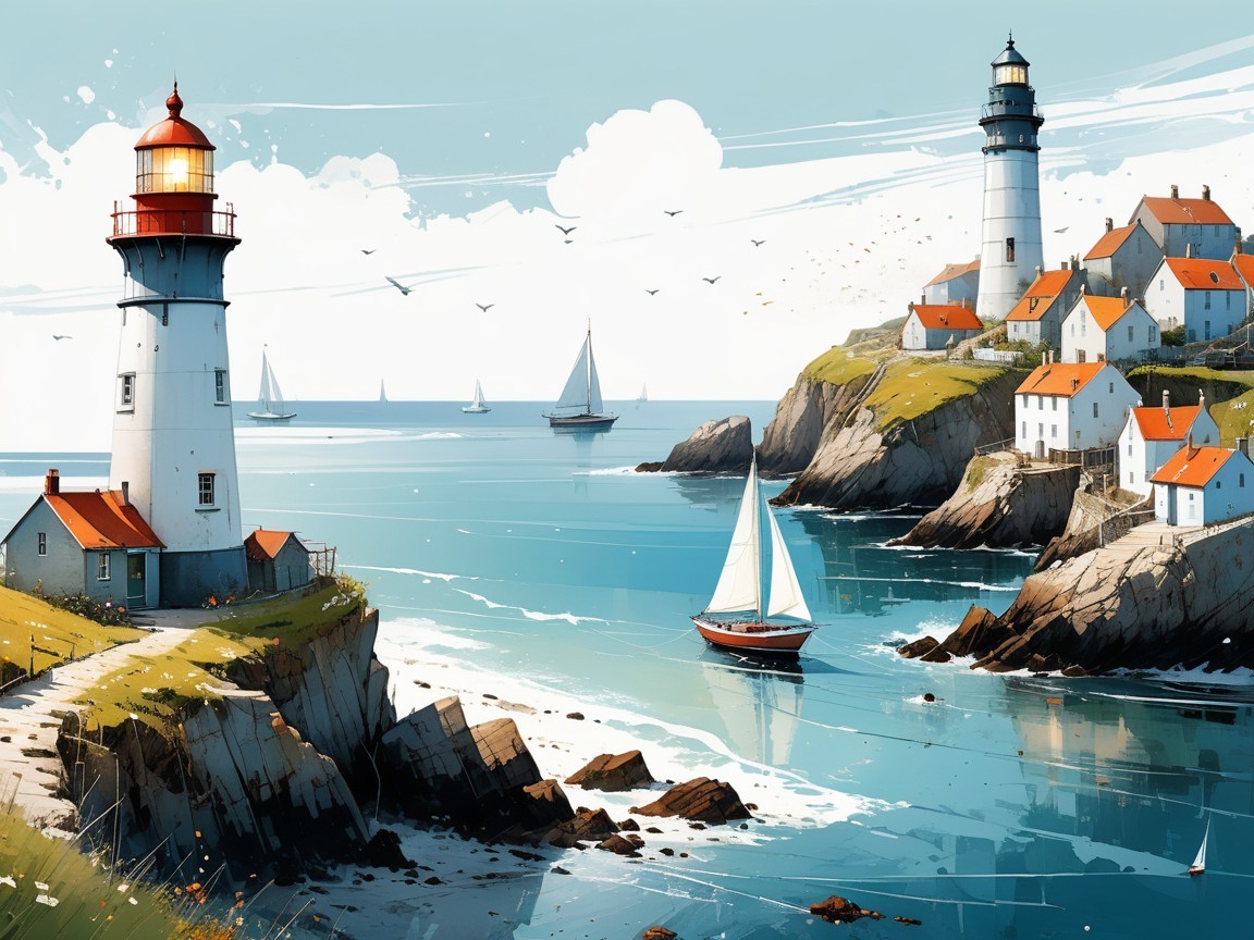 Watercolor Painting of Coastal Village with Lighthouses