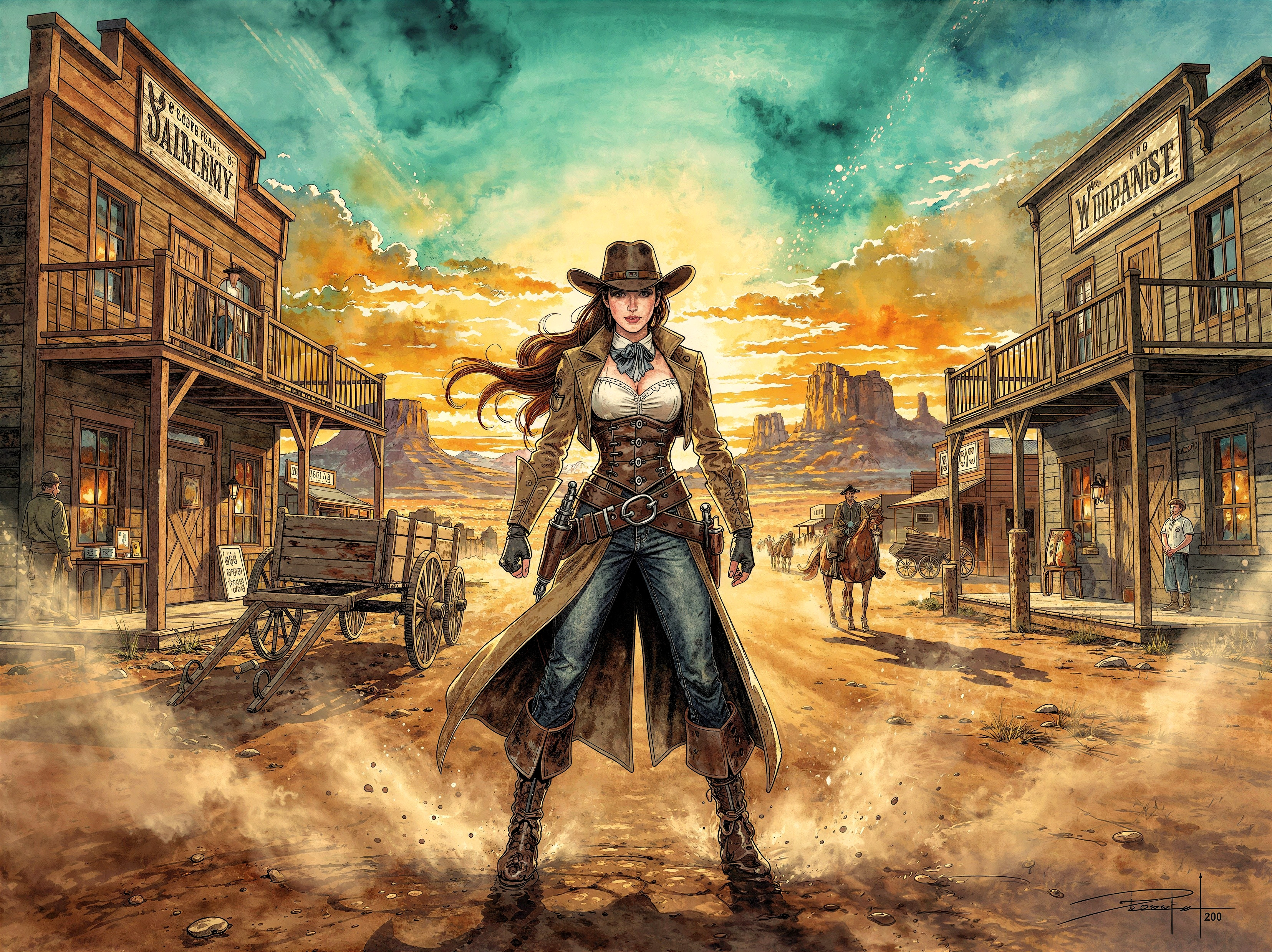 Cowgirl in Wild West Village at Sunset with Mountains