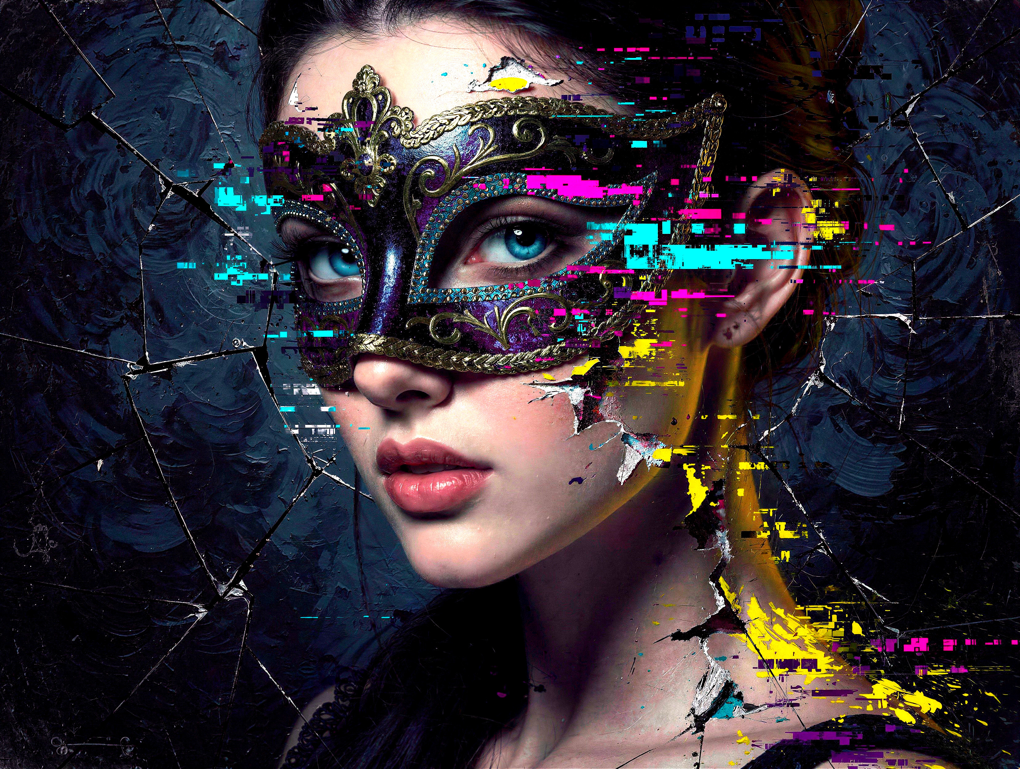 Digital Painting of Woman in Glitch Mask Effect