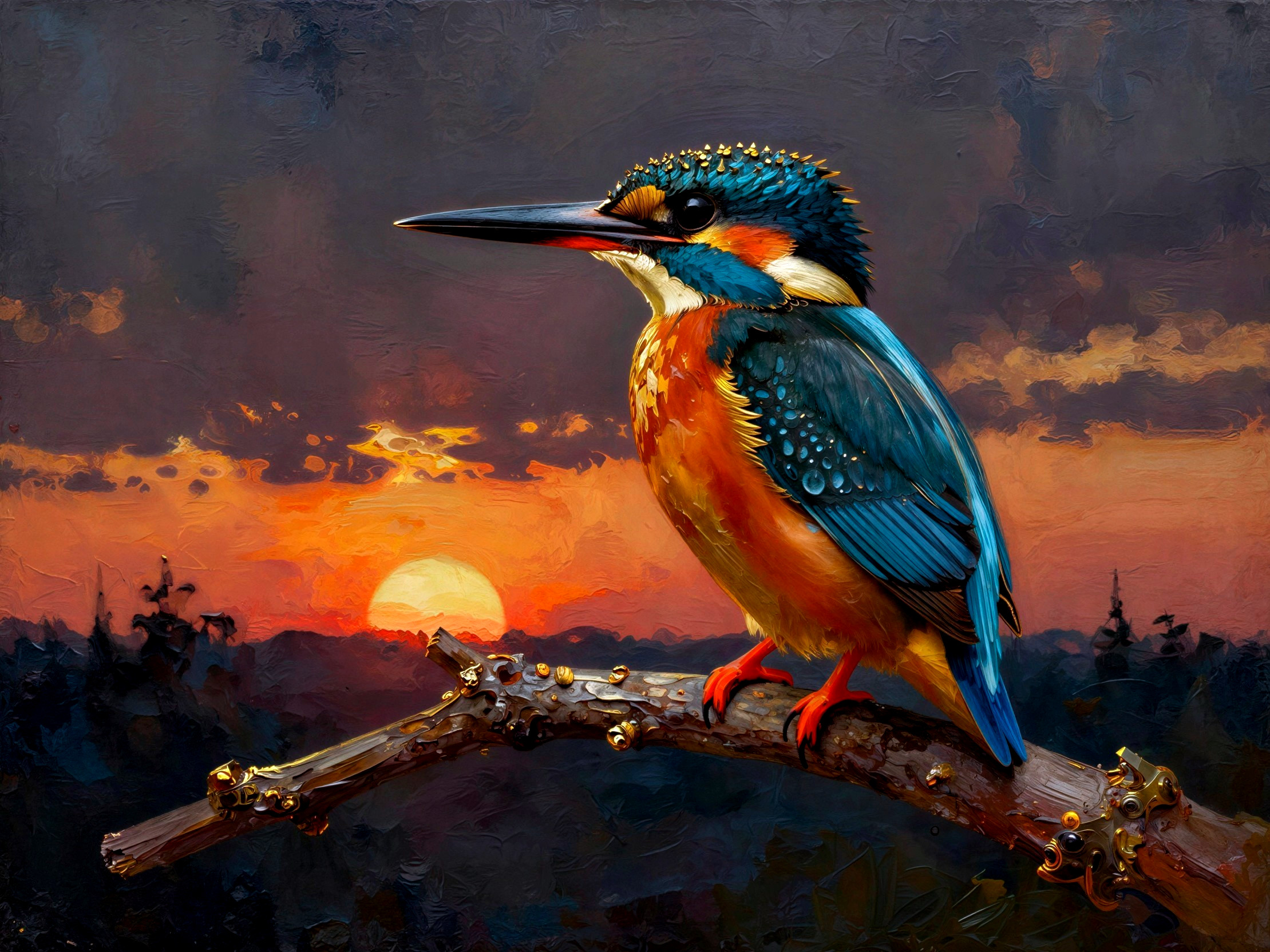 Oil Painting of Kingfisher at Sunset on a Branch