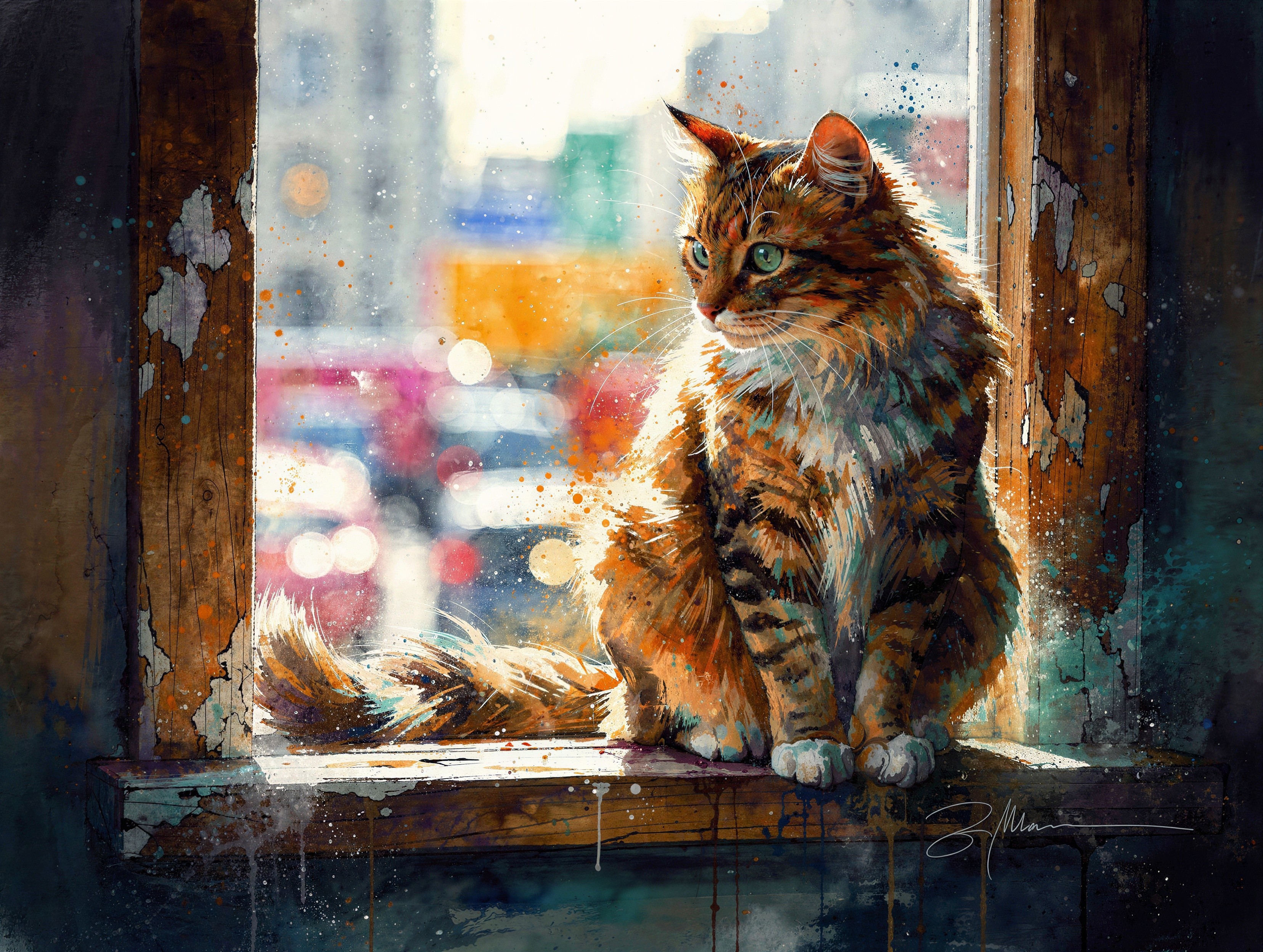Tabby Cat in Sunlight on Weathered Windowsill