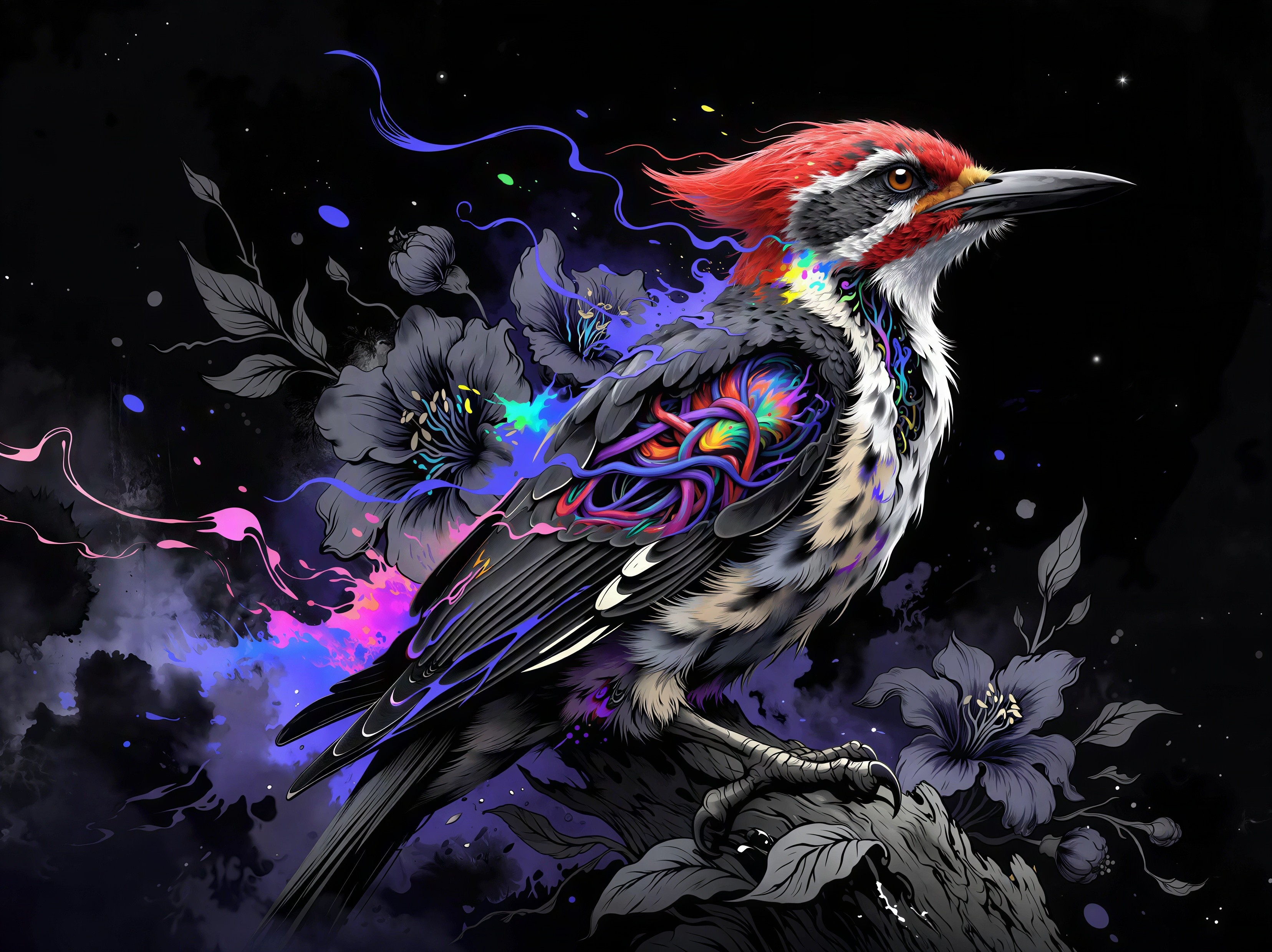 Ornate Bird Illustration with Colorful Accents