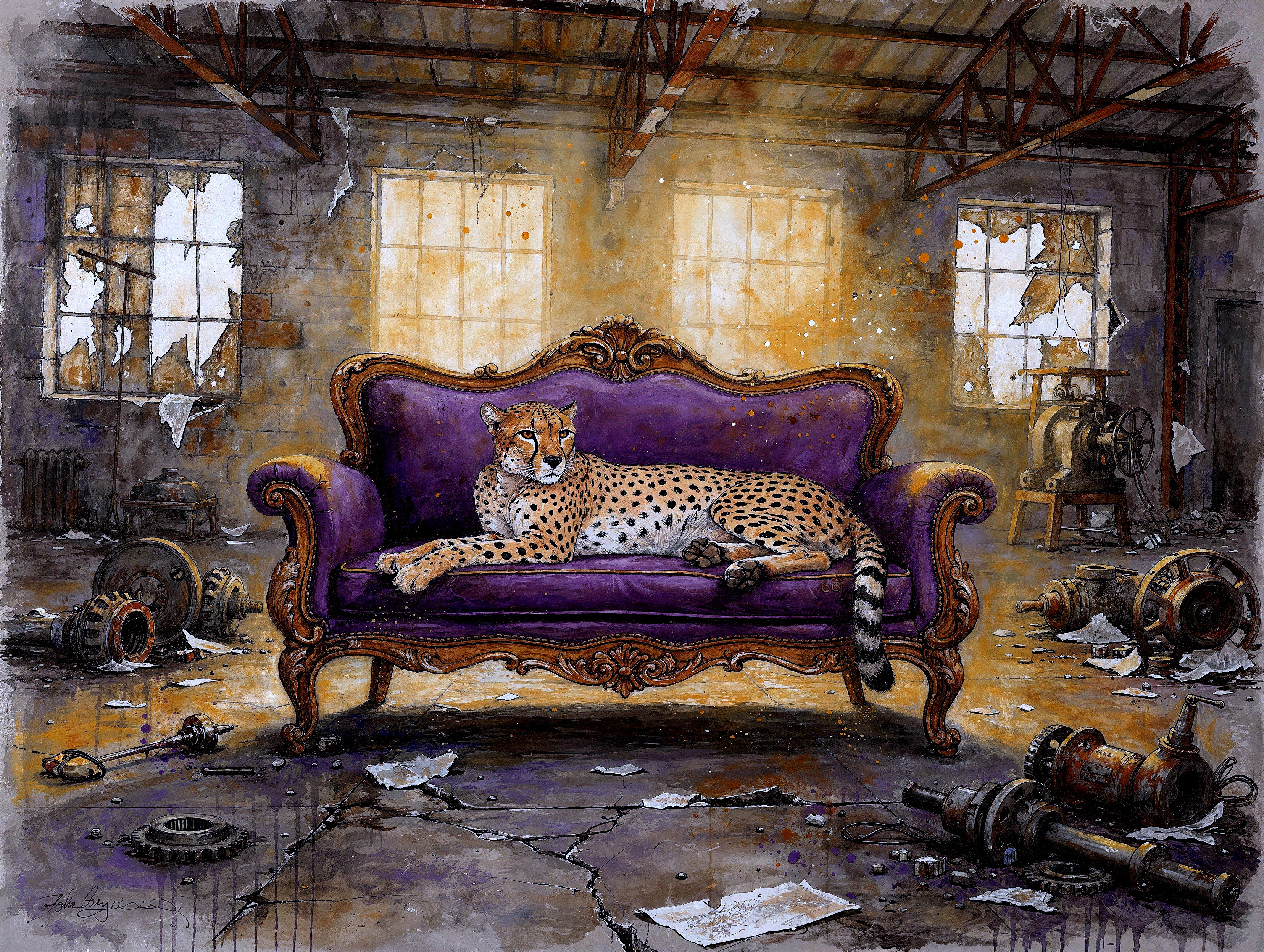 Photorealistic Watercolor of Cheetah on Velvet Daybed