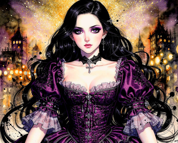 Victorian Era Gown with Detailed Accessories and Features