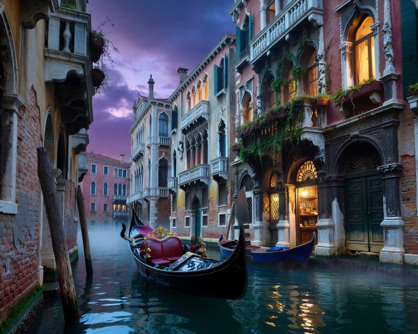 Twilight Scene of a Venetian Canal with Gondola