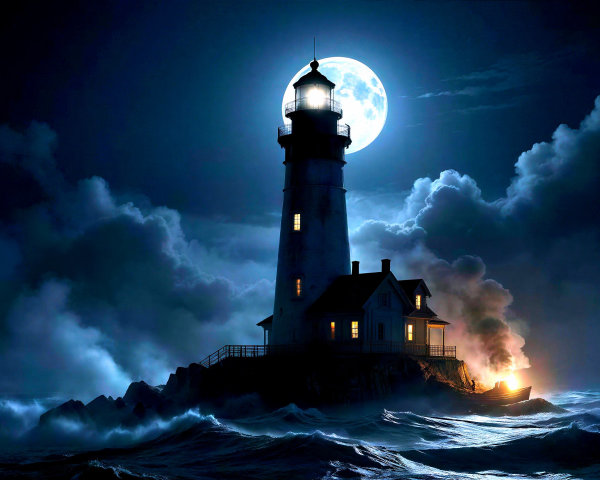 Majestic lighthouse on rocky outcrop under moonlight