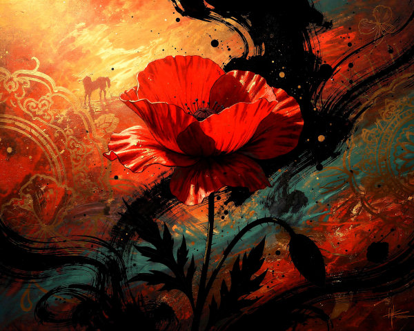 Vibrant Red Poppy with Abstract Landscape and Gold Patterns