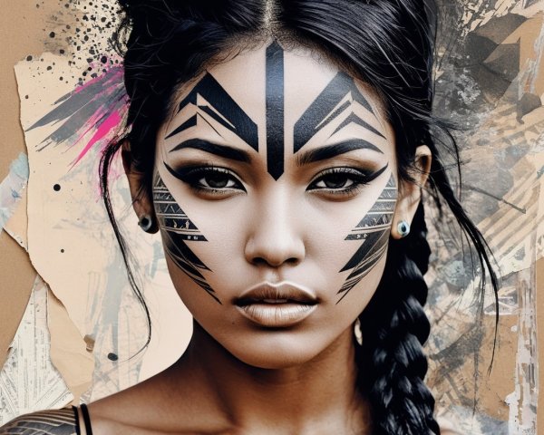 Digital Illustration of Woman with Tribal Face Tattoos