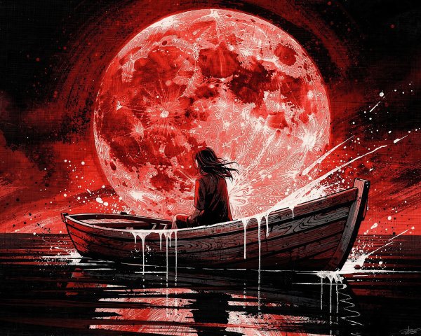 Lone figure in boat under bright red blood moon