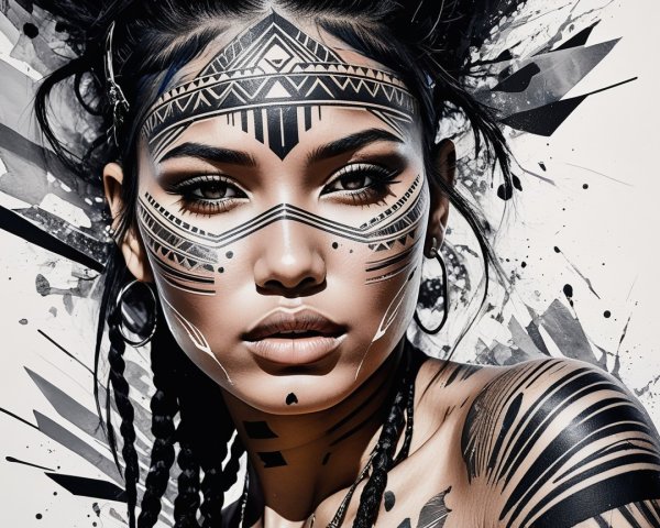 Digitally Painted Portrait of a Woman with Tribal Face Art