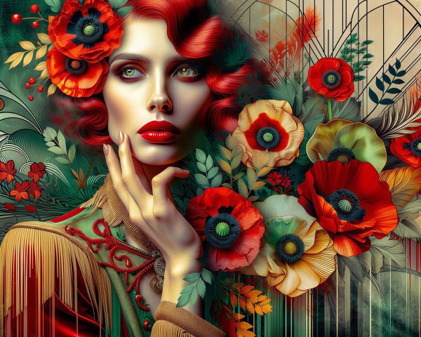 Digital Painting of Woman Among Colorful Flowers