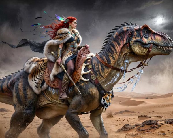 Woman with Red Hair Riding Dinosaur in Desert Scene