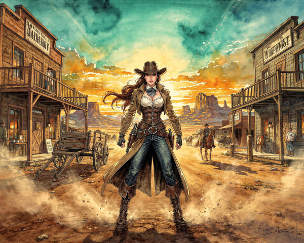 Cowgirl in Wild West Village at Sunset with Mountains