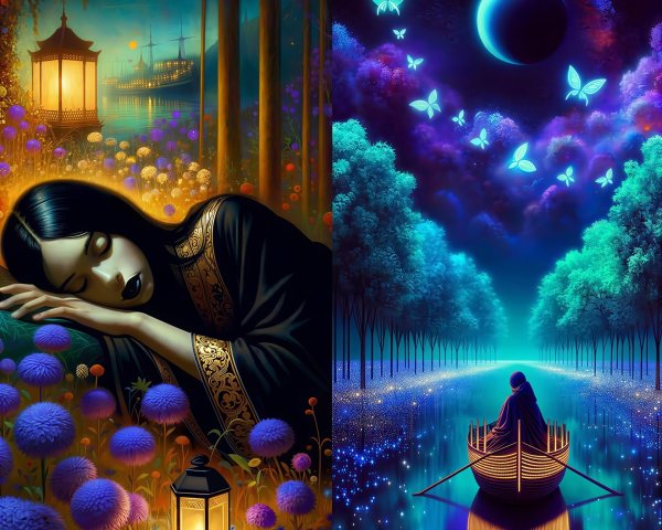 Vibrant Fantasy Painting with Two Distinct Scenes
