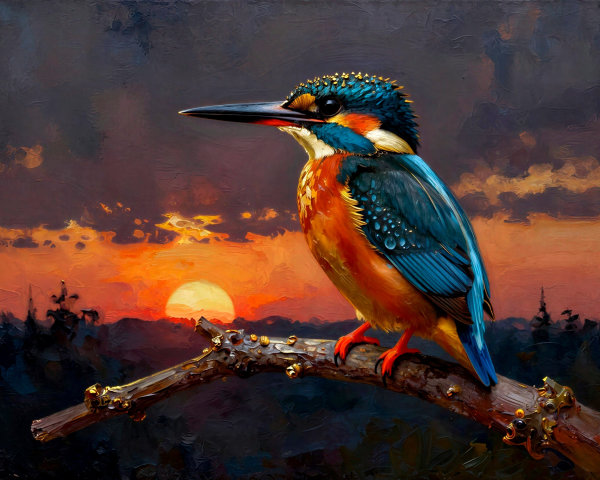 Oil Painting of Kingfisher at Sunset on a Branch