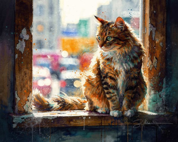 Tabby Cat in Sunlight on Weathered Windowsill