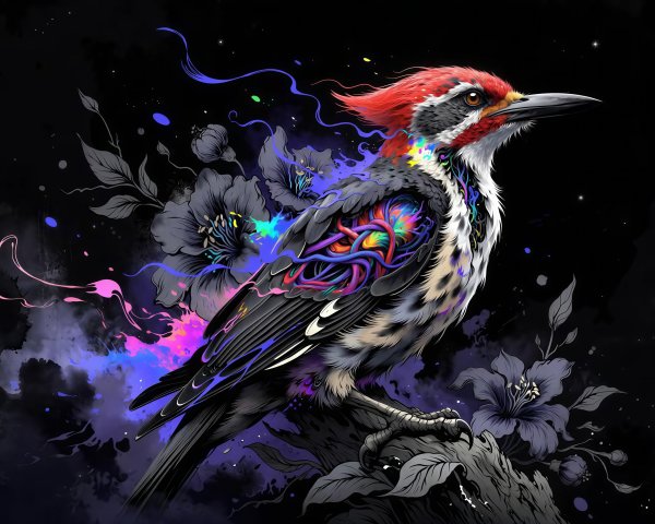 Ornate Bird Illustration with Colorful Accents