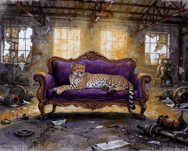 Photorealistic Watercolor of Cheetah on Velvet Daybed