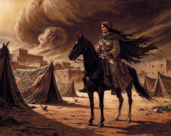 Detailed Oil Painting of Woman on Horse in Desert