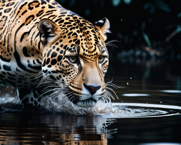 Close-up of a jaguar emerging from dark water