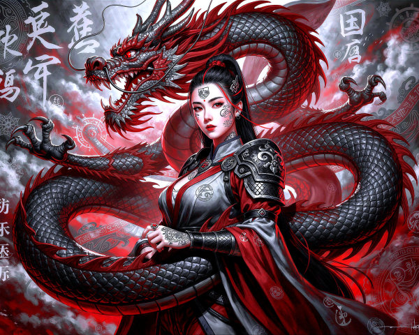 Fierce Woman in Stylized Armor with Majestic Dragon