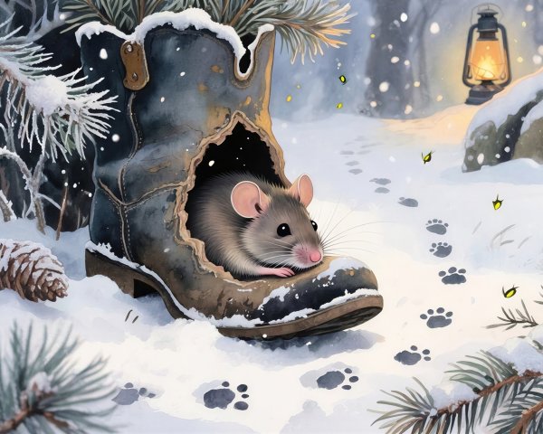 Field Mouse in Boot Surrounded by Snowy Landscape