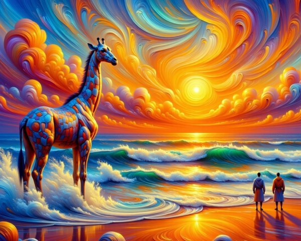 Surreal Painting of Giraffe in Ocean at Sunset